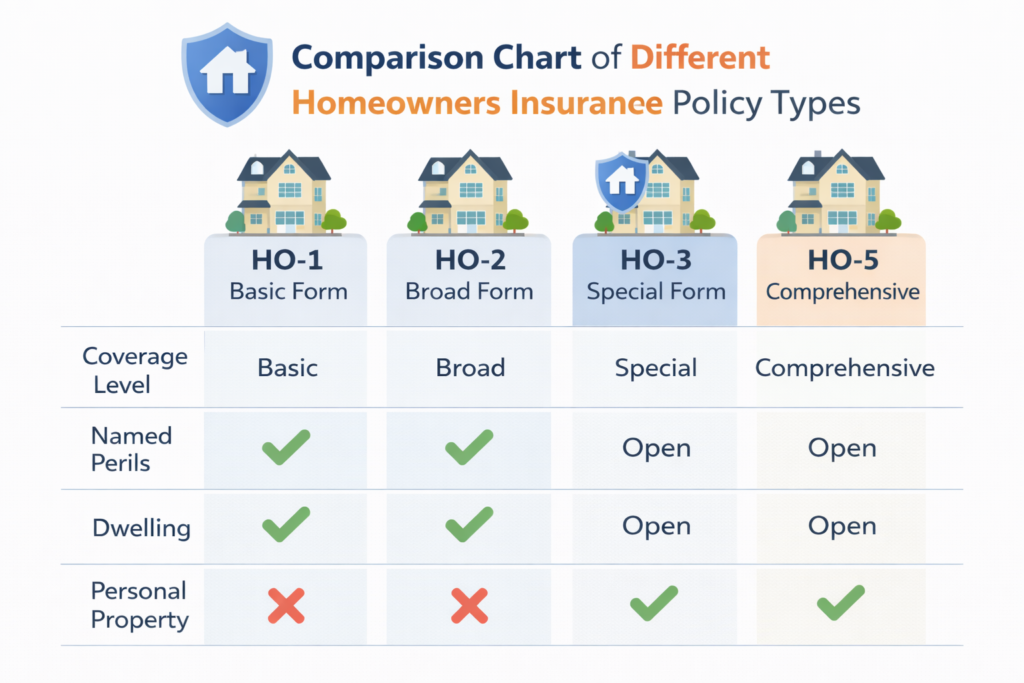 Comparison Chart of Different Homeowners Insurance Policy Types