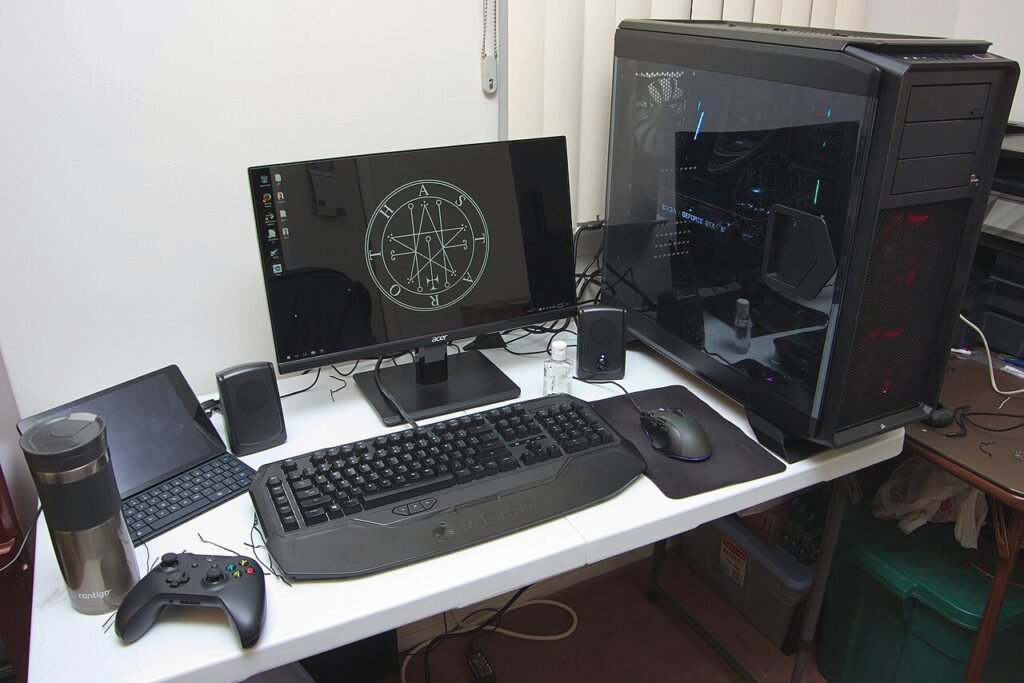 PC gaming setup with keyboard and monitor