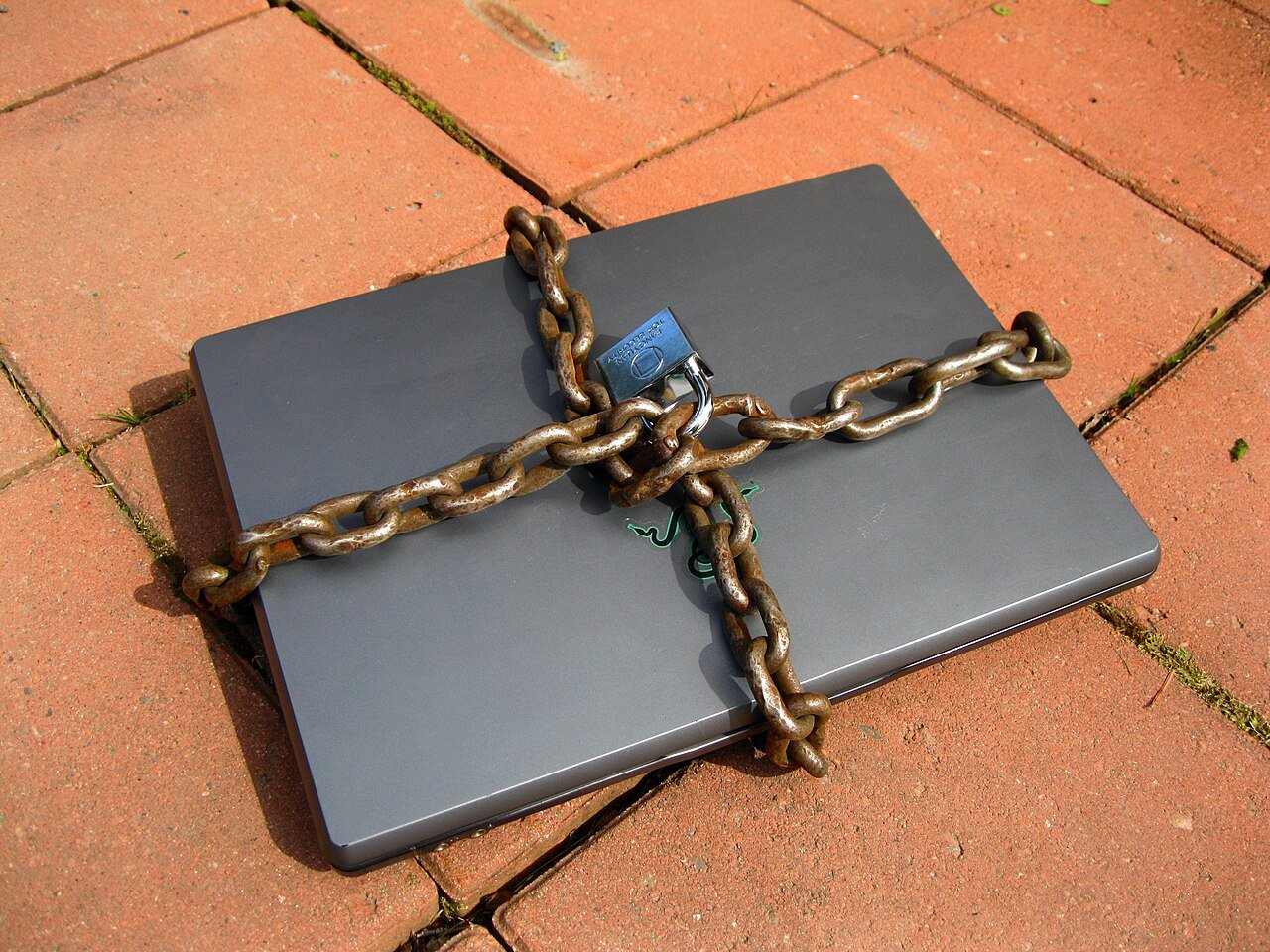 A padlock on a laptop keyboard