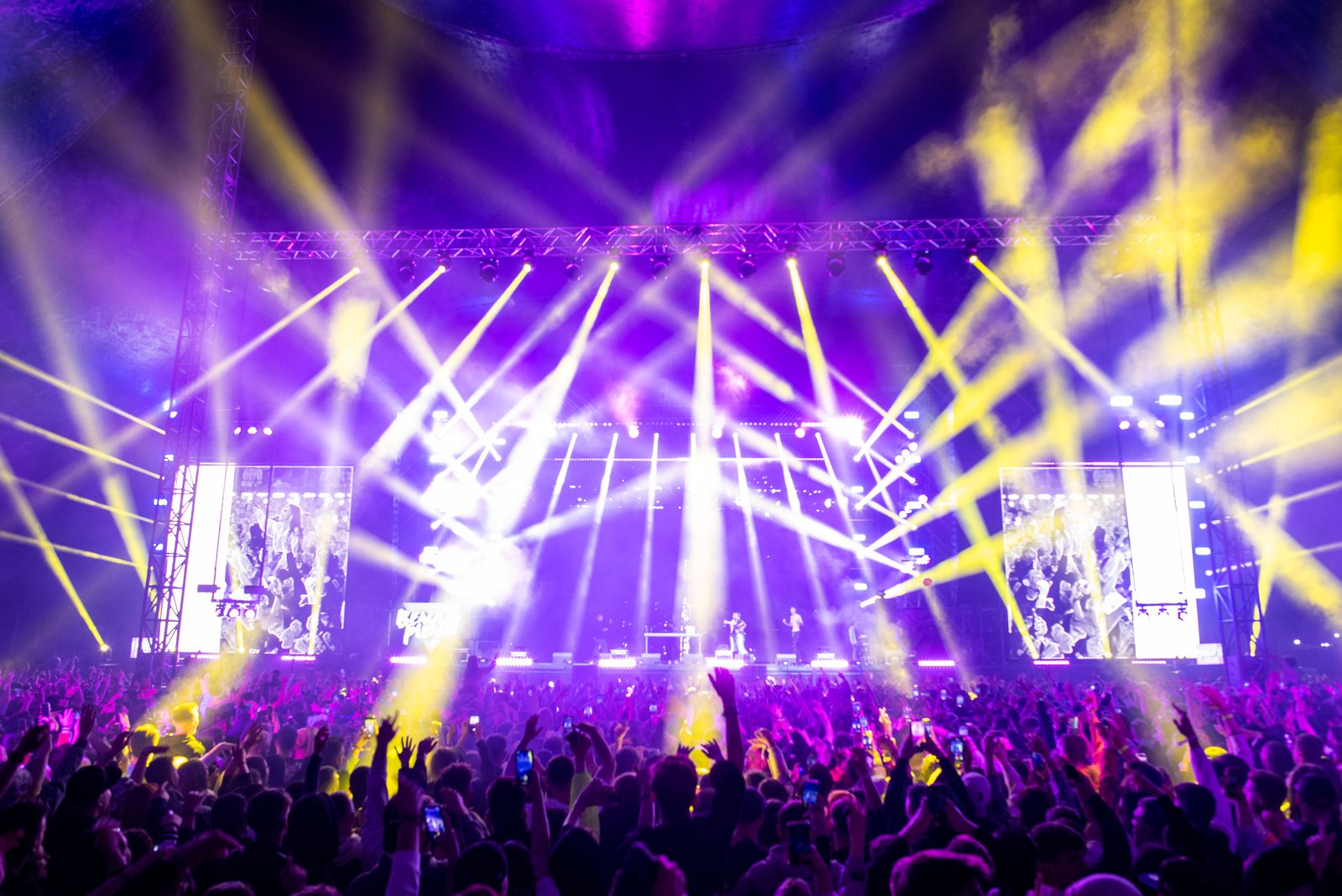 A concert stage with lights after a performance