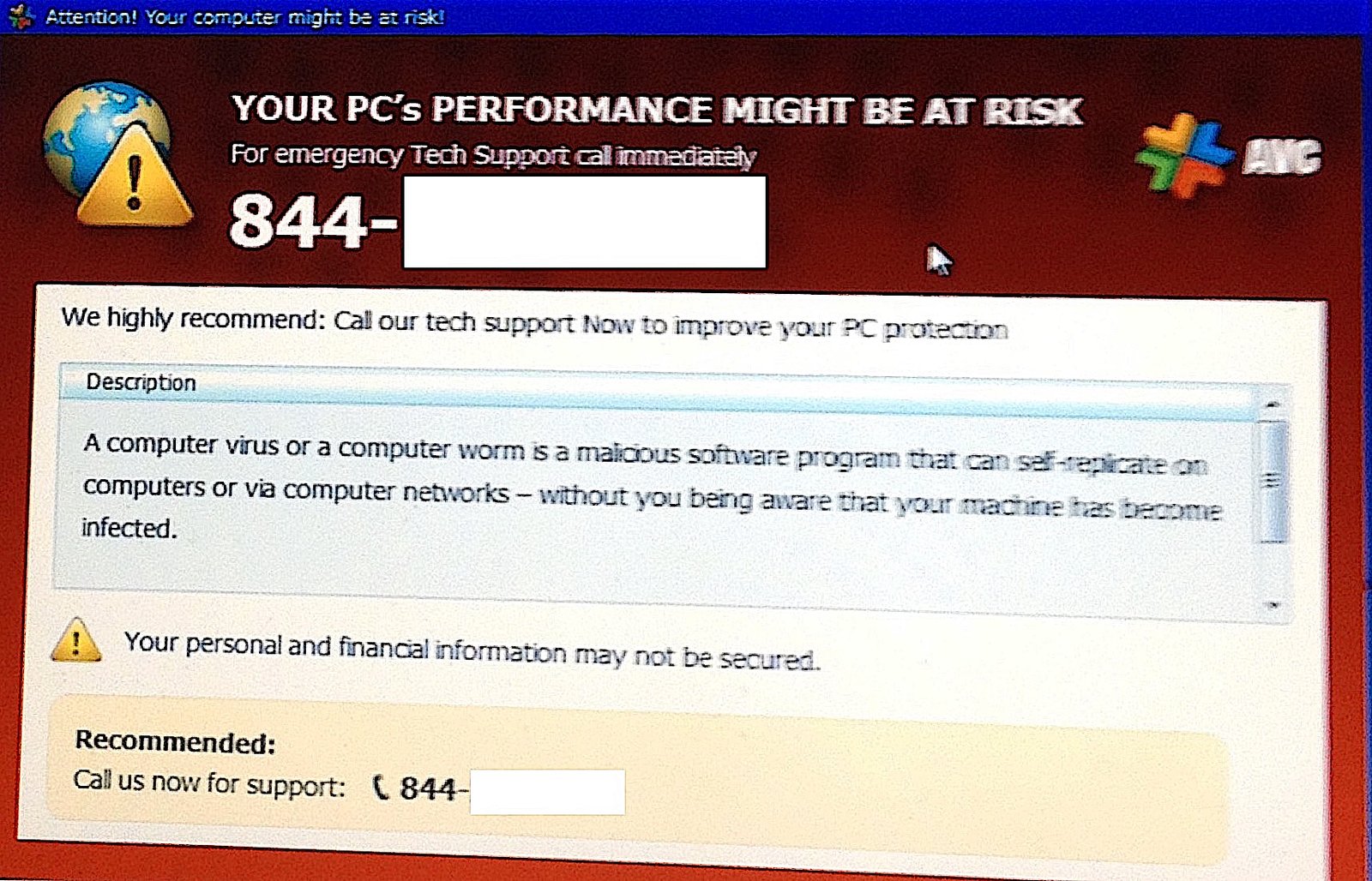 A warning alert on a computer screen