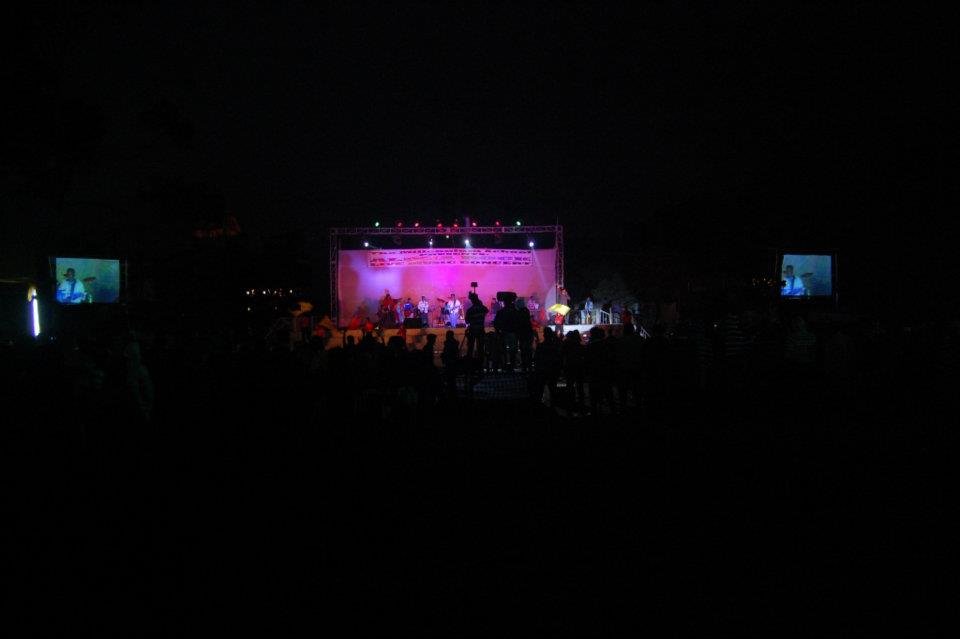 A concert crowd singing along with hands raised