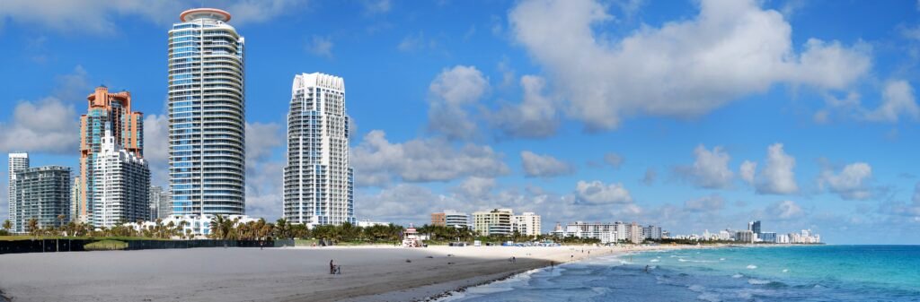 Miami beach skyline with palm trees