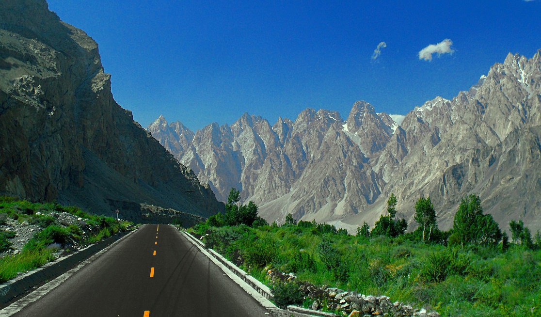The Karakoram Highway winding through mountains