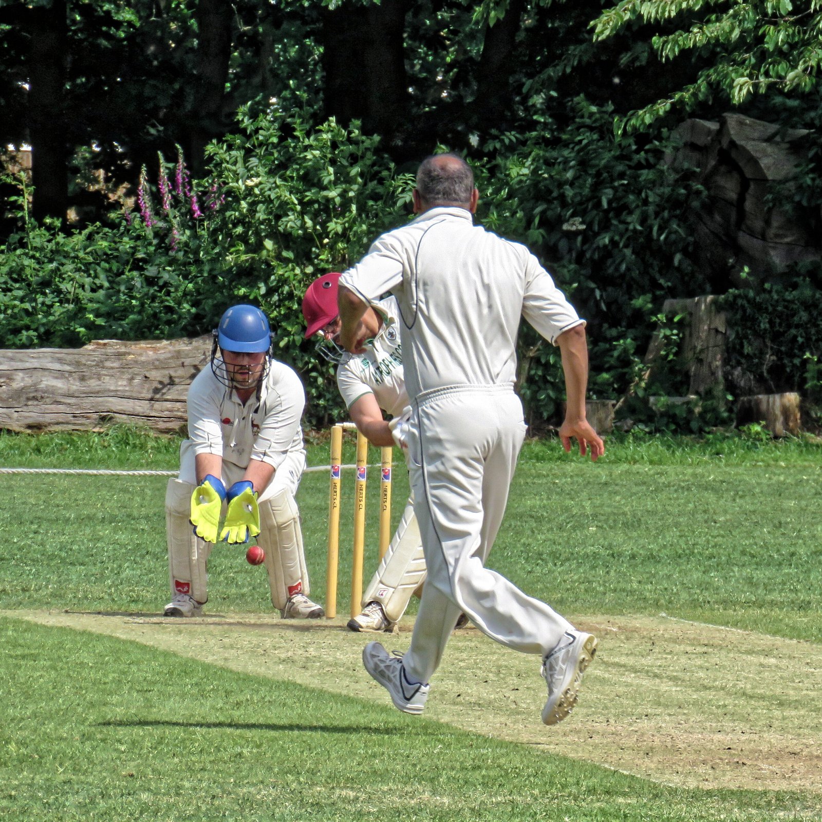 Two cricket batsmen running between the wickets