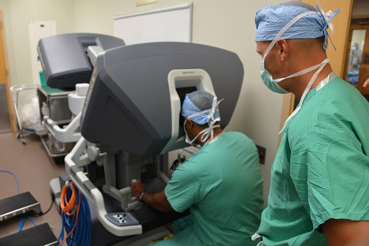 Robot-assisted surgery in progress, showing AI-assisted clinical technology at work