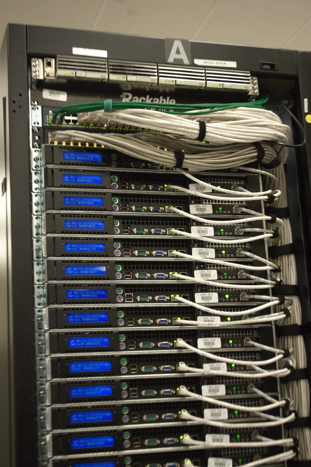 Close-up of server rack cabling at the NERSC data centre, illustrating the infrastructure behind the Anthropic $80.7 billion loss