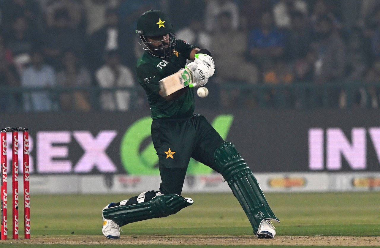 Babar Azam plays a shot during a Pakistan match — Babar Azam international runs record