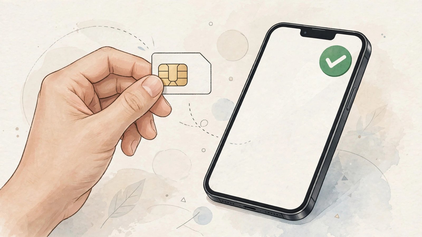 Illustration of a hand holding a SIM card next to a smartphone showing a green checkmark