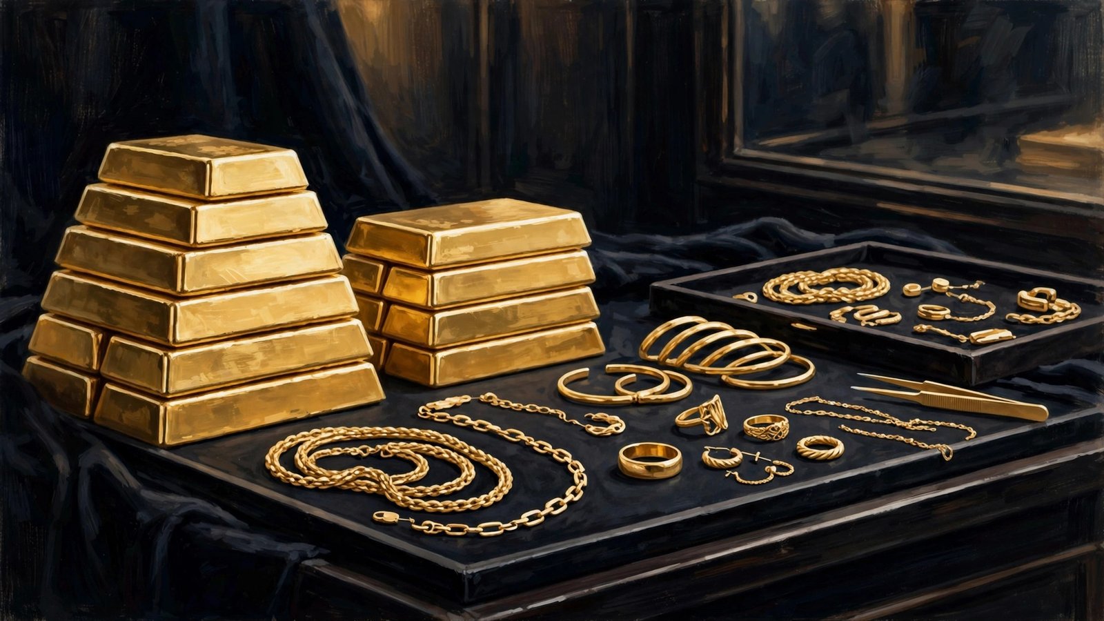 Gold rate in Pakistan today: 24K gold bars and jewellery on a jeweller's display