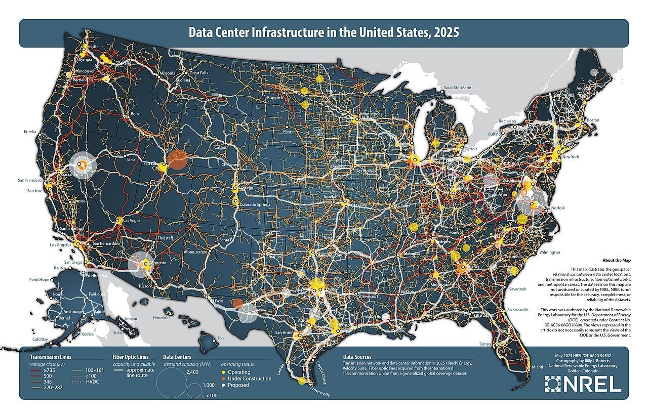 Exterior and infrastructure view of a large data centre facility in the United States