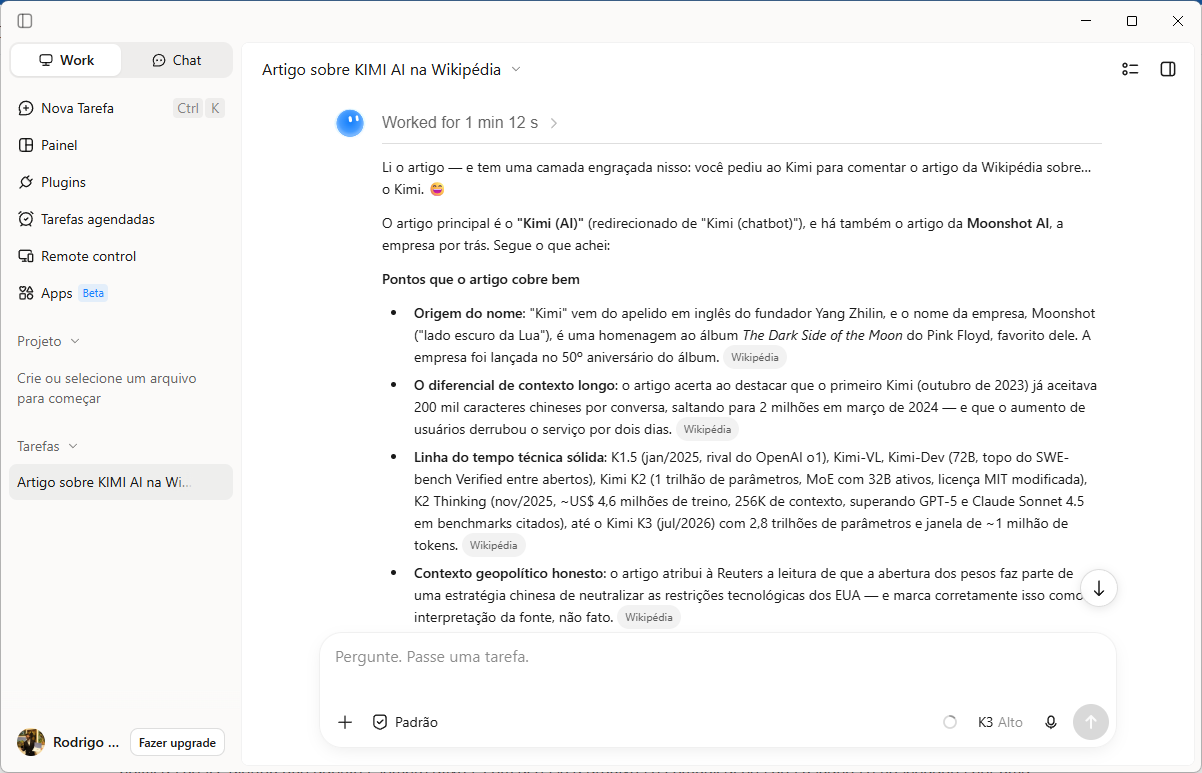 Kimi Work desktop app — one of the places the new Kimi K3.1 Pro model is available