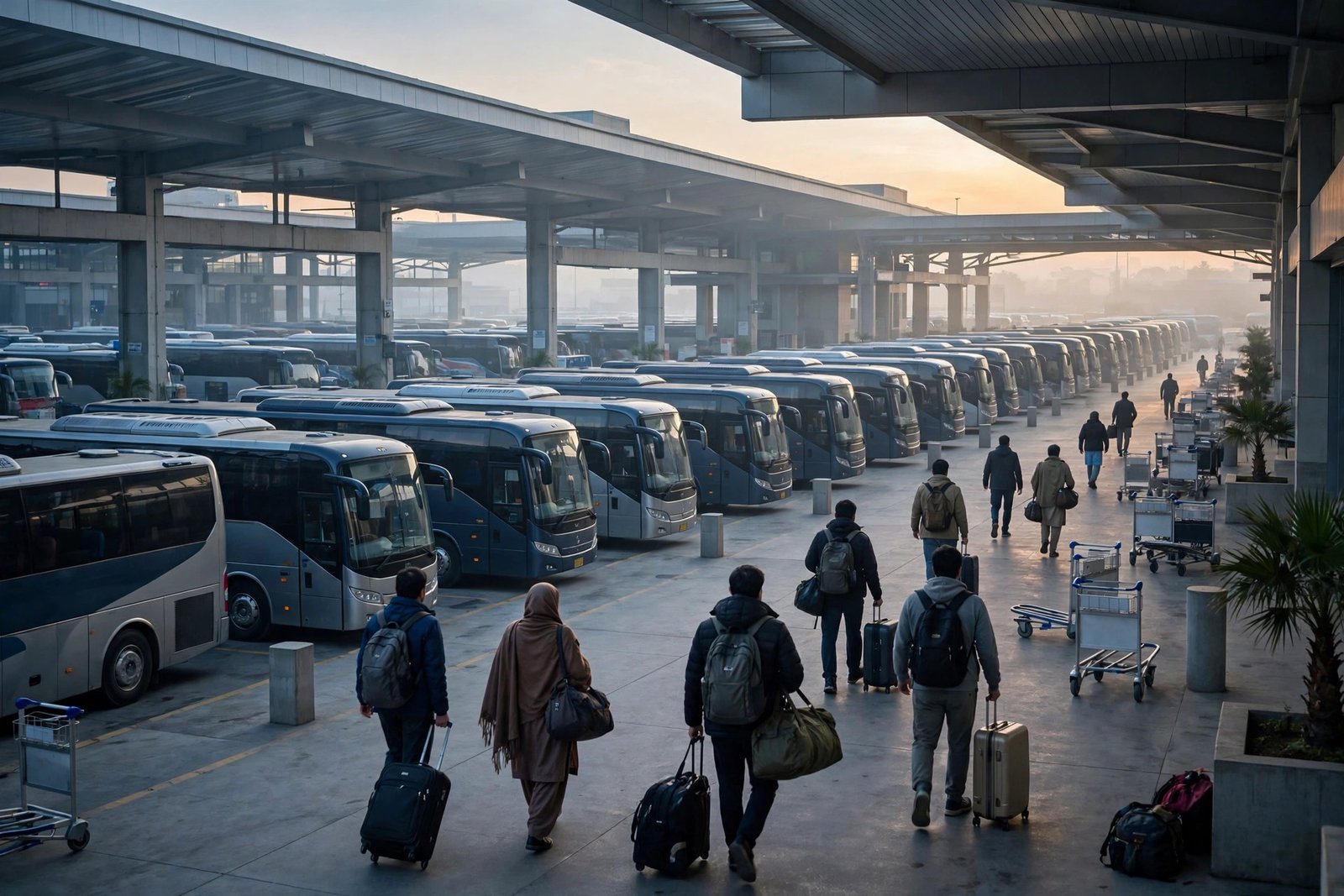Lahore intercity bus suspension — passengers at bus terminal
