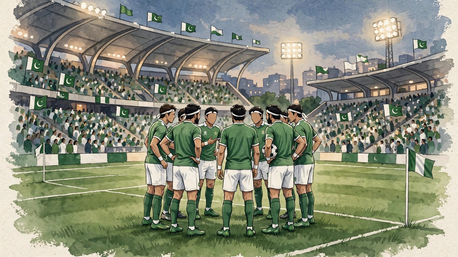 Pakistan football team players in green kit before a match