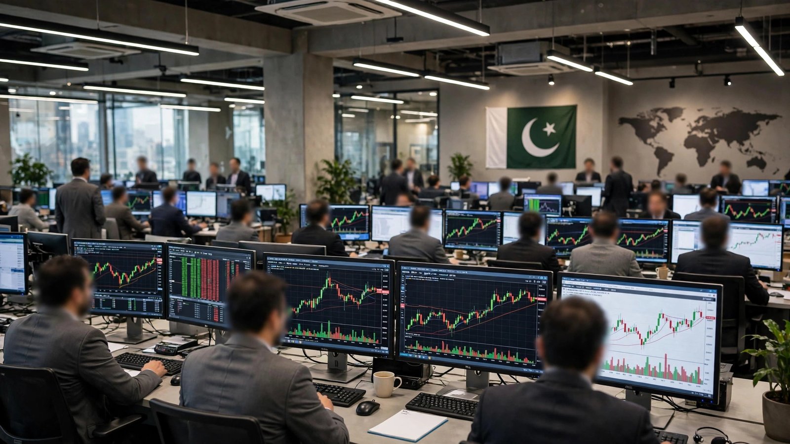 Pakistan Stock Exchange trading floor with KSE-100 index today ticker display