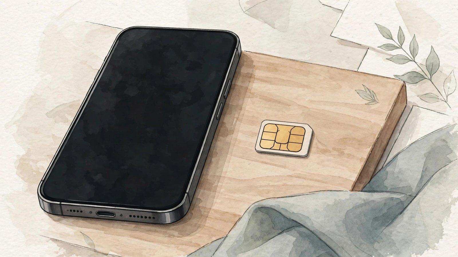 Illustration of a smartphone and a SIM card lying on a wooden surface